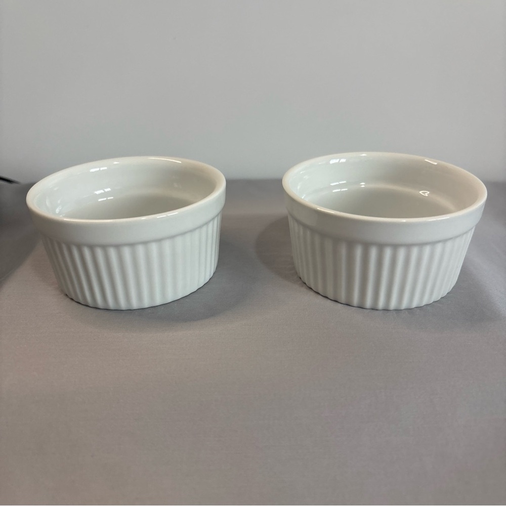 Pier 1 White Porcelain Ramekins Set of 2 – 3.5” Ribbed Prep or Dessert Bowls